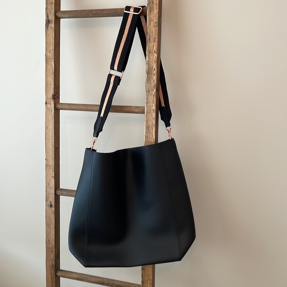 Crabtree & Evelyn Black Tote with Striped Shoulder Strap